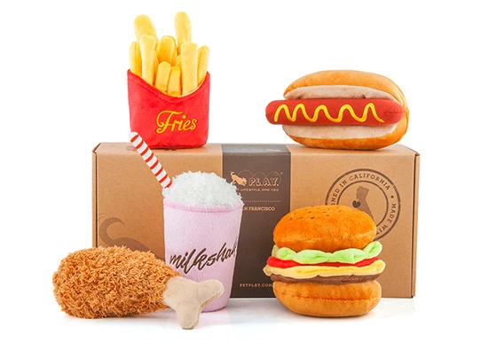 Glow Pups Hide and Seek Doggy Bag with Fast Food Shaped Dog Toys for Medium  and Large Dogs, Plush Hamburger, Fries and Milkshake Toys with Squeaker